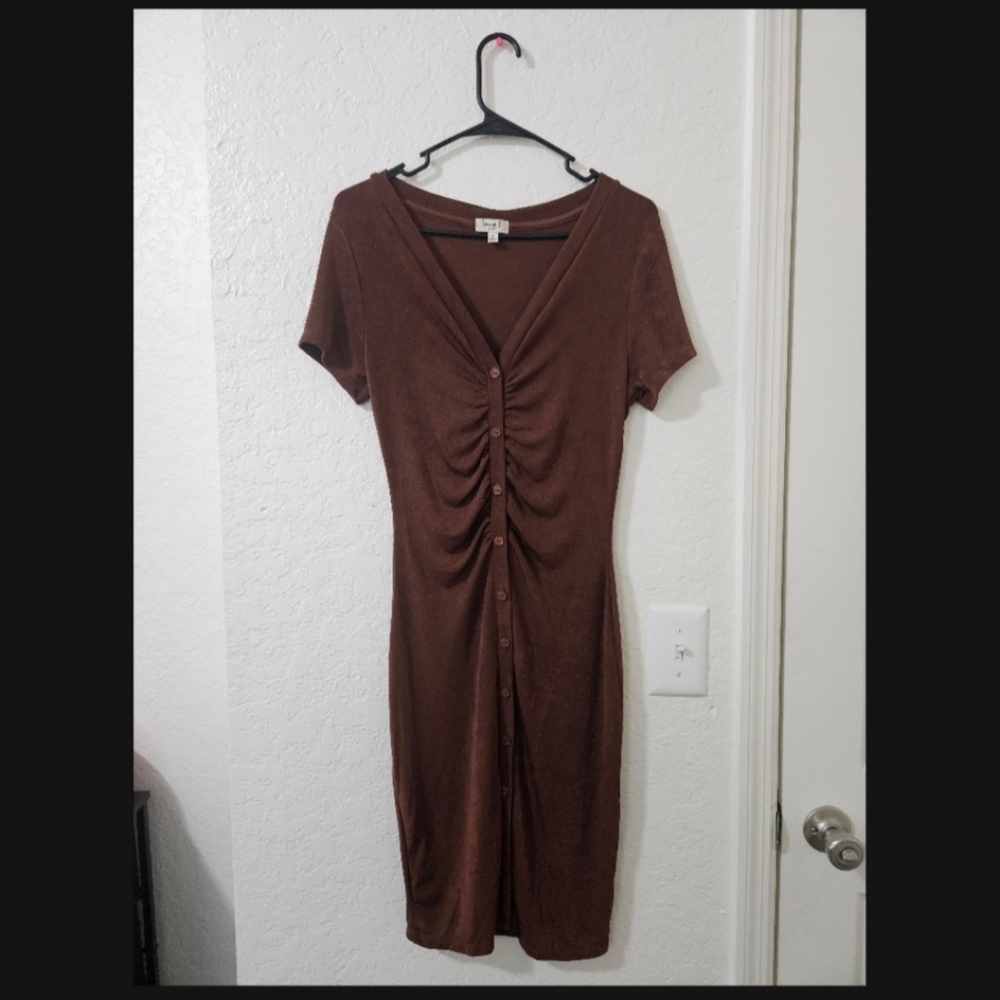 Love J Brown Ruched Midi Dress